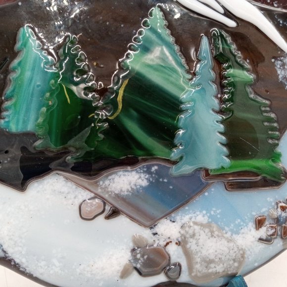 Mountain Landscape Fused Glass Art Winter Snow Tree Forest OOAK Round Plaque - Picture 9 of 11